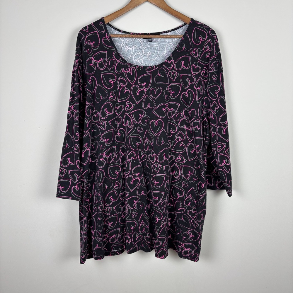 Ulla‎ Popken Tunic Top Womens Plus 28/30 Black Pink Heart Scoop Neck 3/4 Sleeve